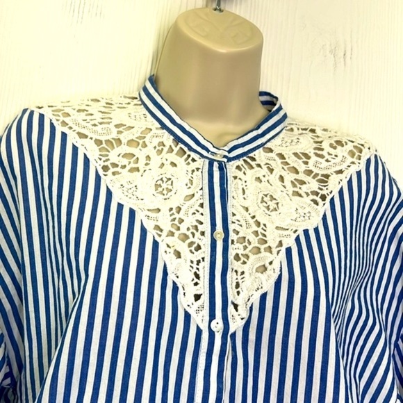 Zara - Lace Design Blue And White Stripe Button Down Long Sleeve Top Size XS - Picture 6 of 11